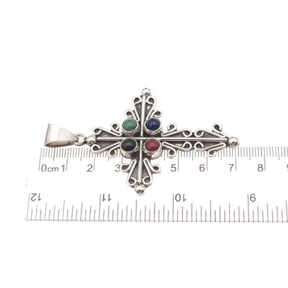 Carsi Sterling Silver Vintage Mexico Turquoise Lapis Onyx Sugilite Cross Pendant