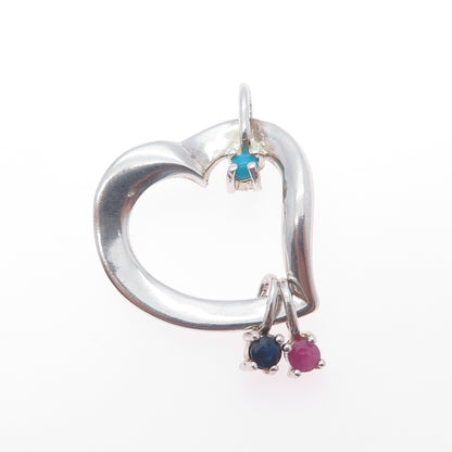 LENOX 925 Sterling Silver Vintage Real Ruby Sapphire & Turquoise Heart Pendant