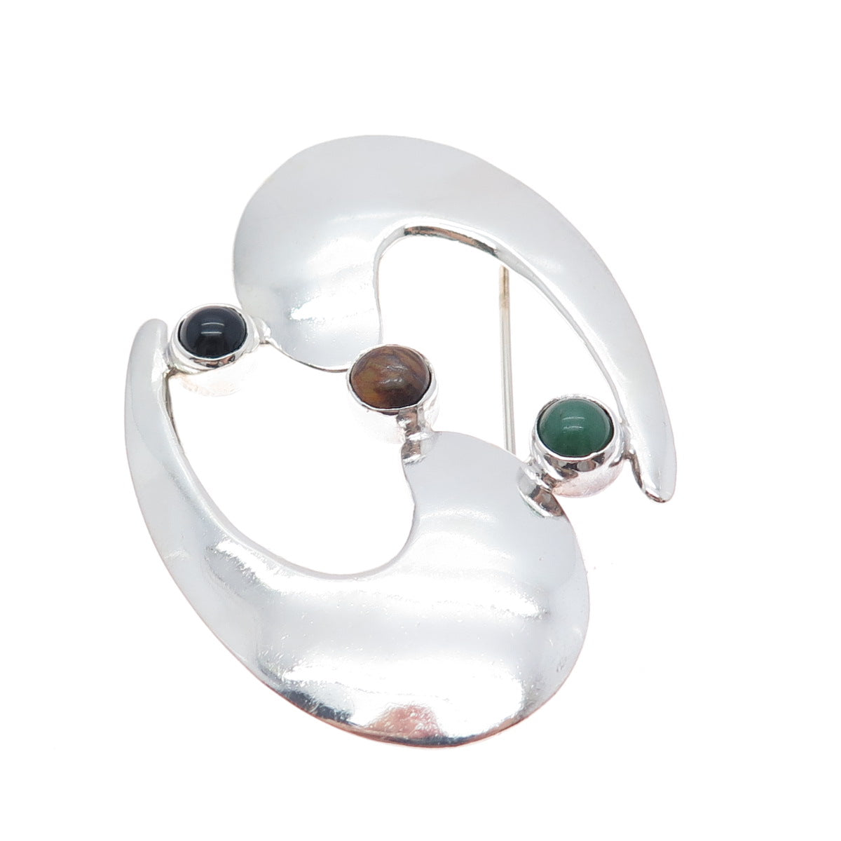 925 Sterling Silver Vintage Mexico Black & Green Onyx Tiger Eye Modernist Brooch