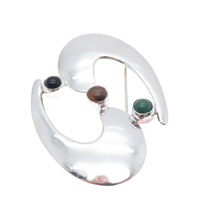 925 Sterling Silver Vintage Mexico Black & Green Onyx Tiger Eye Modernist Brooch