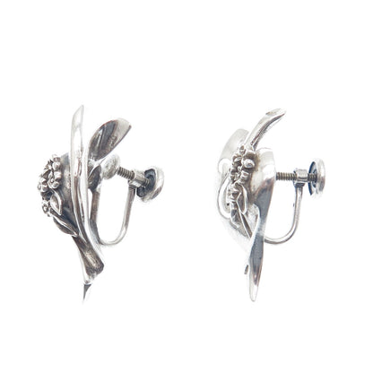 925 Sterling Silver Vintage Modernist Flower Heart Screw Back Earrings