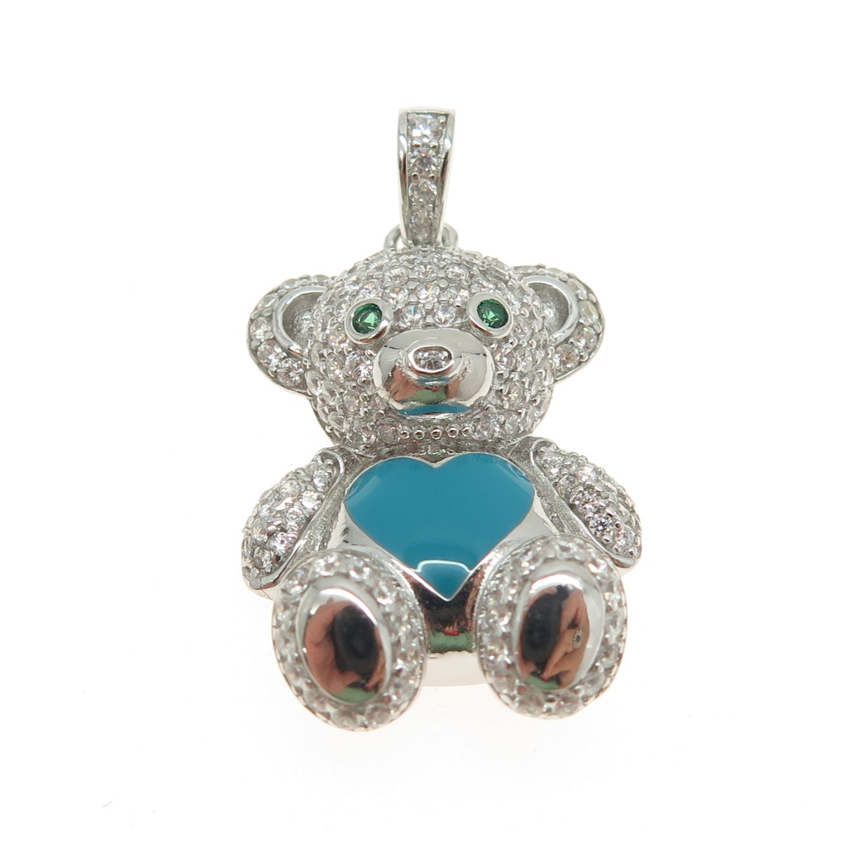 925 Sterling Silver Enamel Round-Cut Blue & White C Z Teddy Bear Pendant