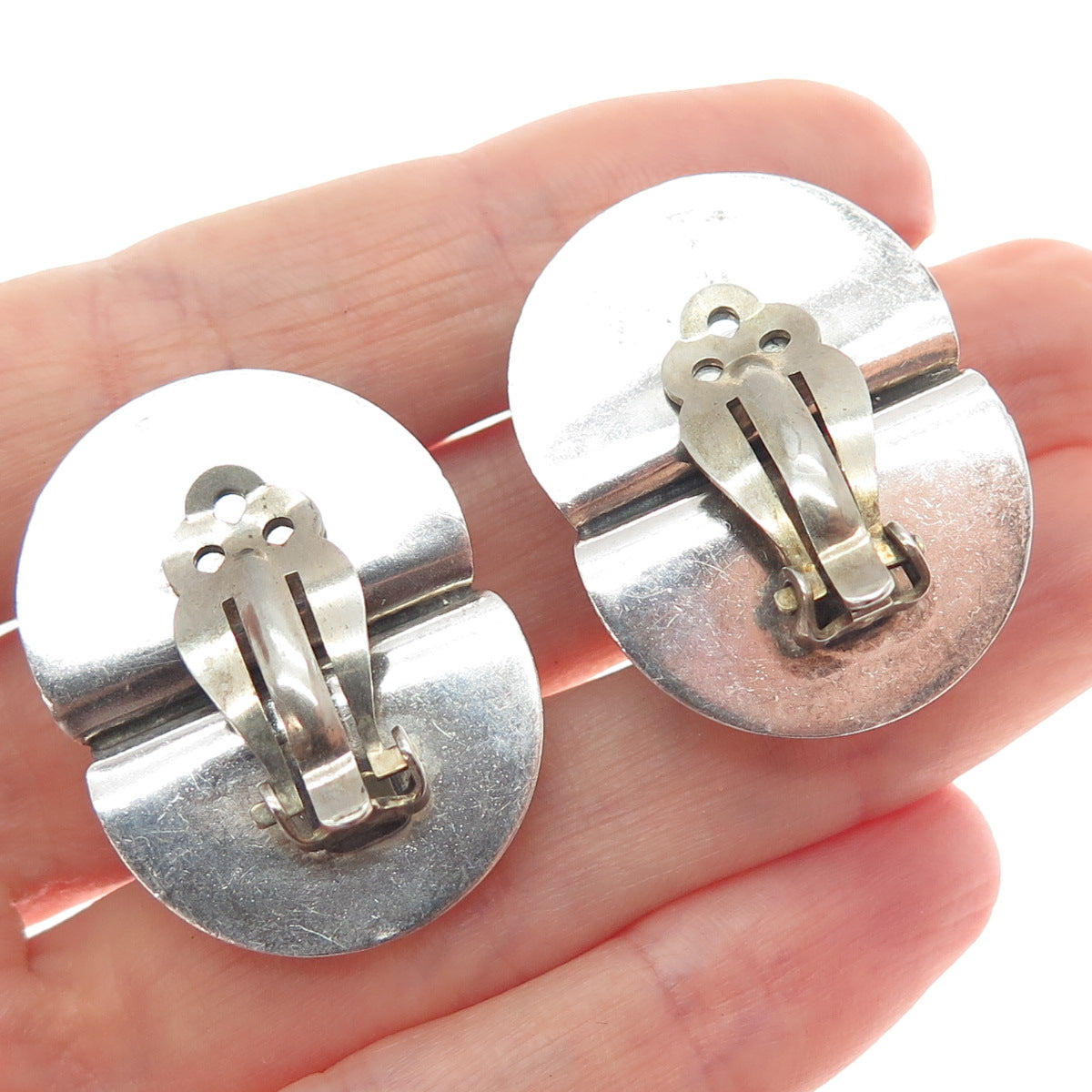 925 Sterling Silver Vintage Real Turquoise Inlay Modernist Clip On Earrings