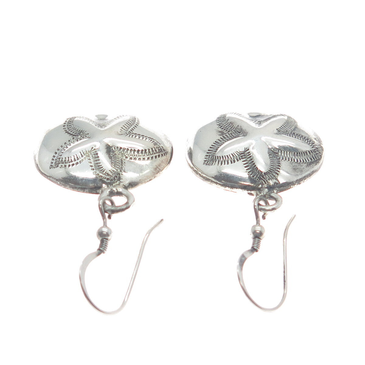925 Sterling Silver Vintage Mexico Sand Dollar Oxidized Dangle Earrings