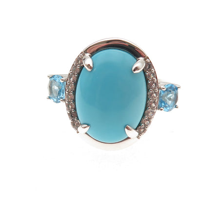 925 Sterling Real Sleeping Beauty Turquoise Blue & White Topaz Ring Size 8.25