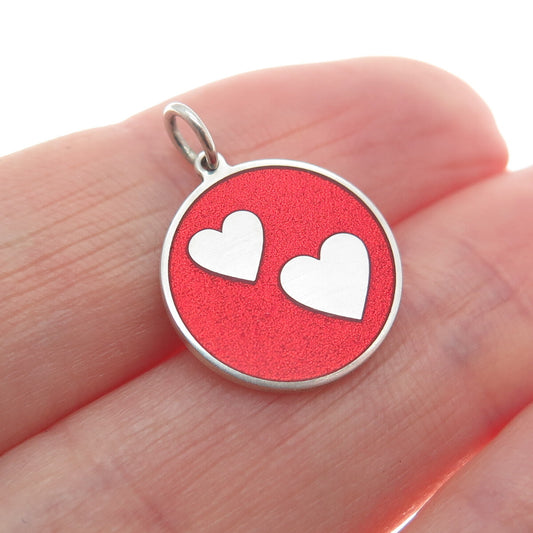 925 Sterling Silver Red Enamel Couple Heart Round Tag Minimalist Charm Pendant