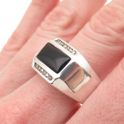 Sai 925 Sterling Silver Real 1/8TW Round-Cut Diamond & Black Onyx Ring Size 9.25