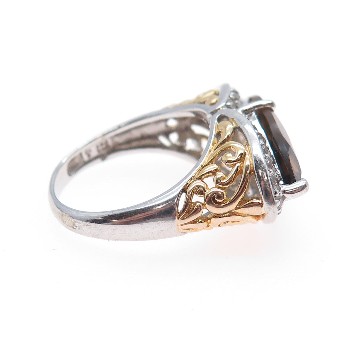 925 Sterling Silver 2-Tone Real Smoky Quartz & White Topaz Ring Size 9.25