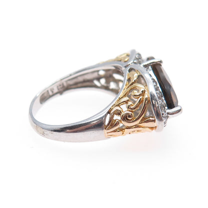 925 Sterling Silver 2-Tone Real Smoky Quartz & White Topaz Ring Size 9.25