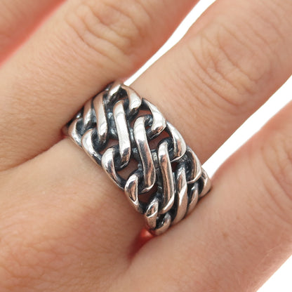 925 Sterling Silver Vintage Serpentine Link Oxidized Wide Band Ring Size 9.25