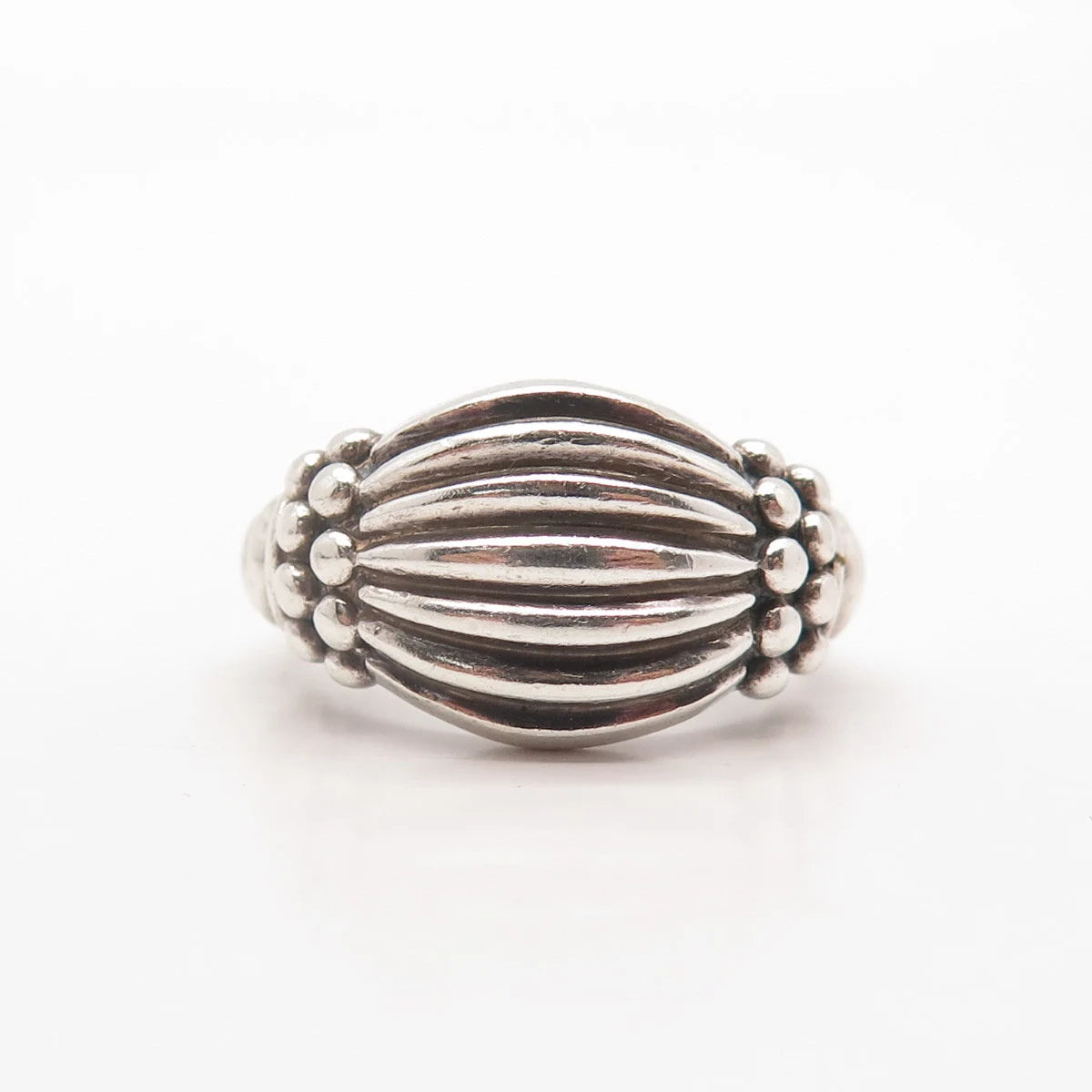925 Sterling Silver Vintage Ribbed Beaded Wide Ring Size 7.75