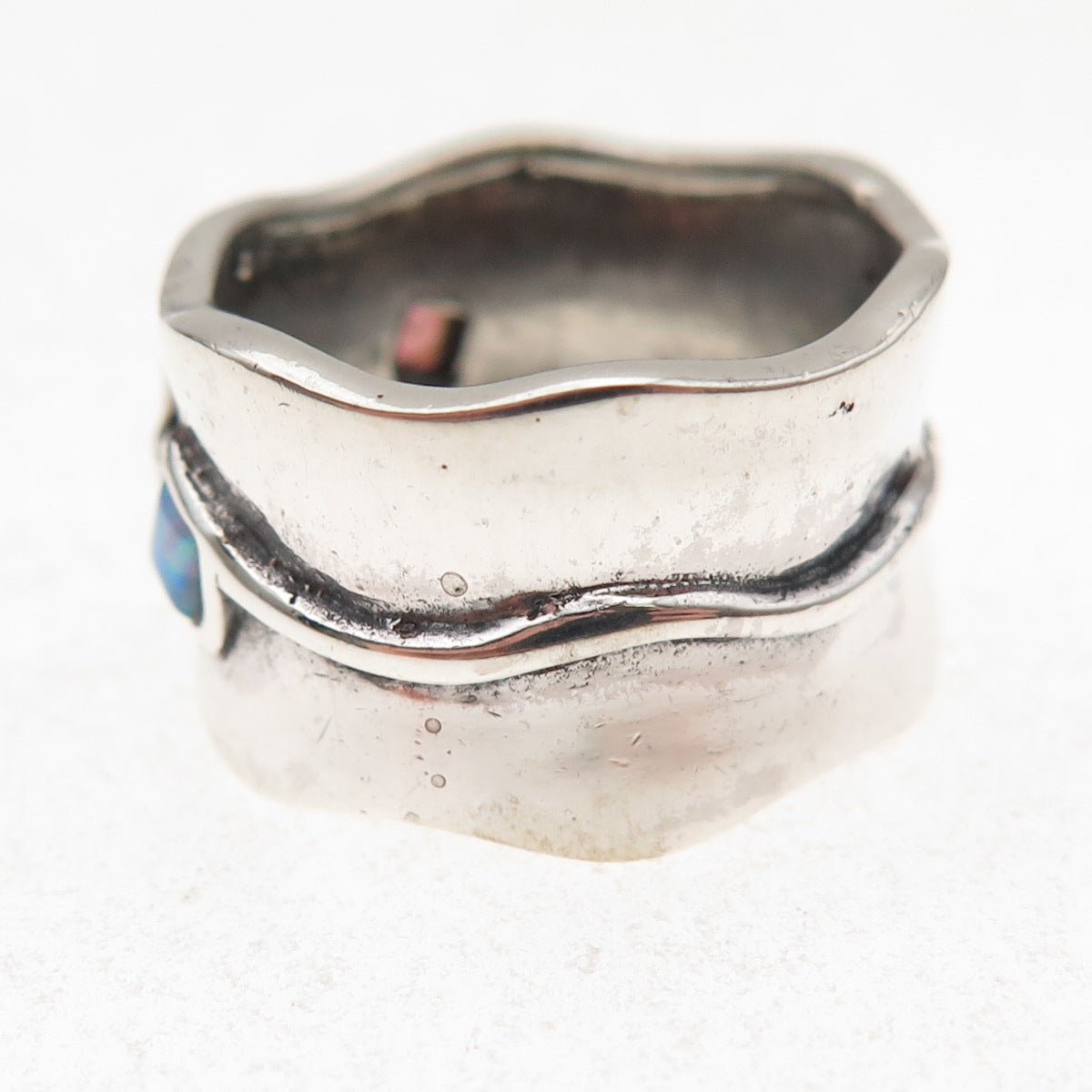925 Sterling Silver Vintage Real Opal Hamsa Amulet Oxidized Ring Size 7.75