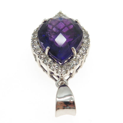 925 Sterling Silver Real Pear-Cut Amethyst & Round-Cut White Topaz Pendant