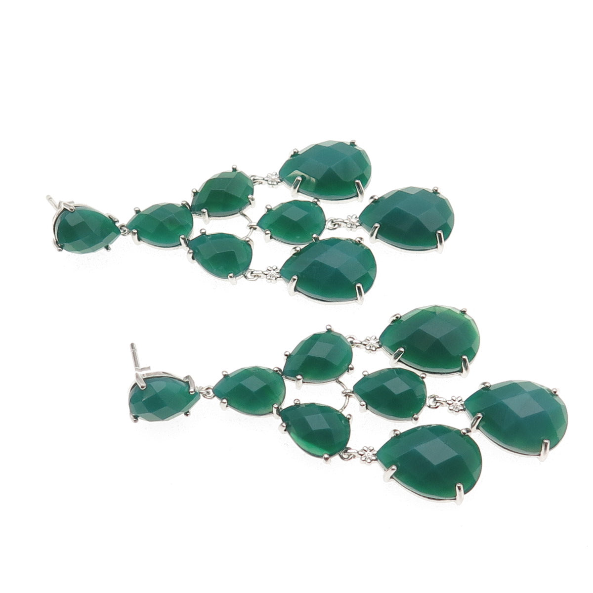 925 Sterling Silver Real Pear-Cut Green Onyx Chandelier Dangle Earrings