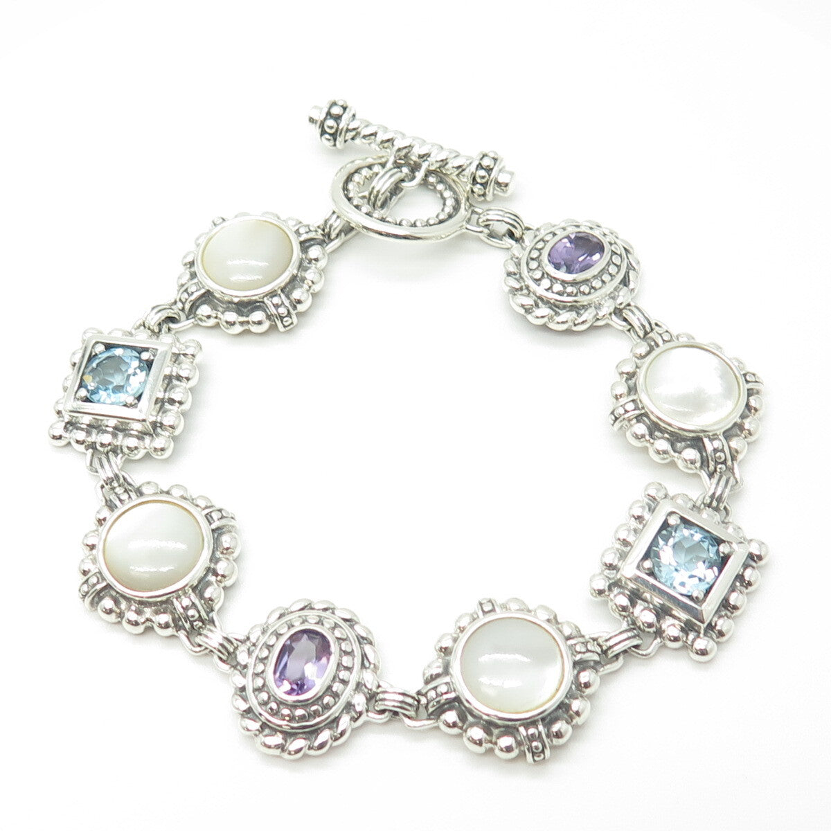 925 Sterling Silver Vintage Real Blue Topaz Amethyst & MOP Dotted Bracelet 7.5"
