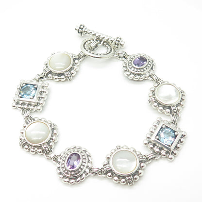 925 Sterling Silver Vintage Real Blue Topaz Amethyst & MOP Dotted Bracelet 7.5"