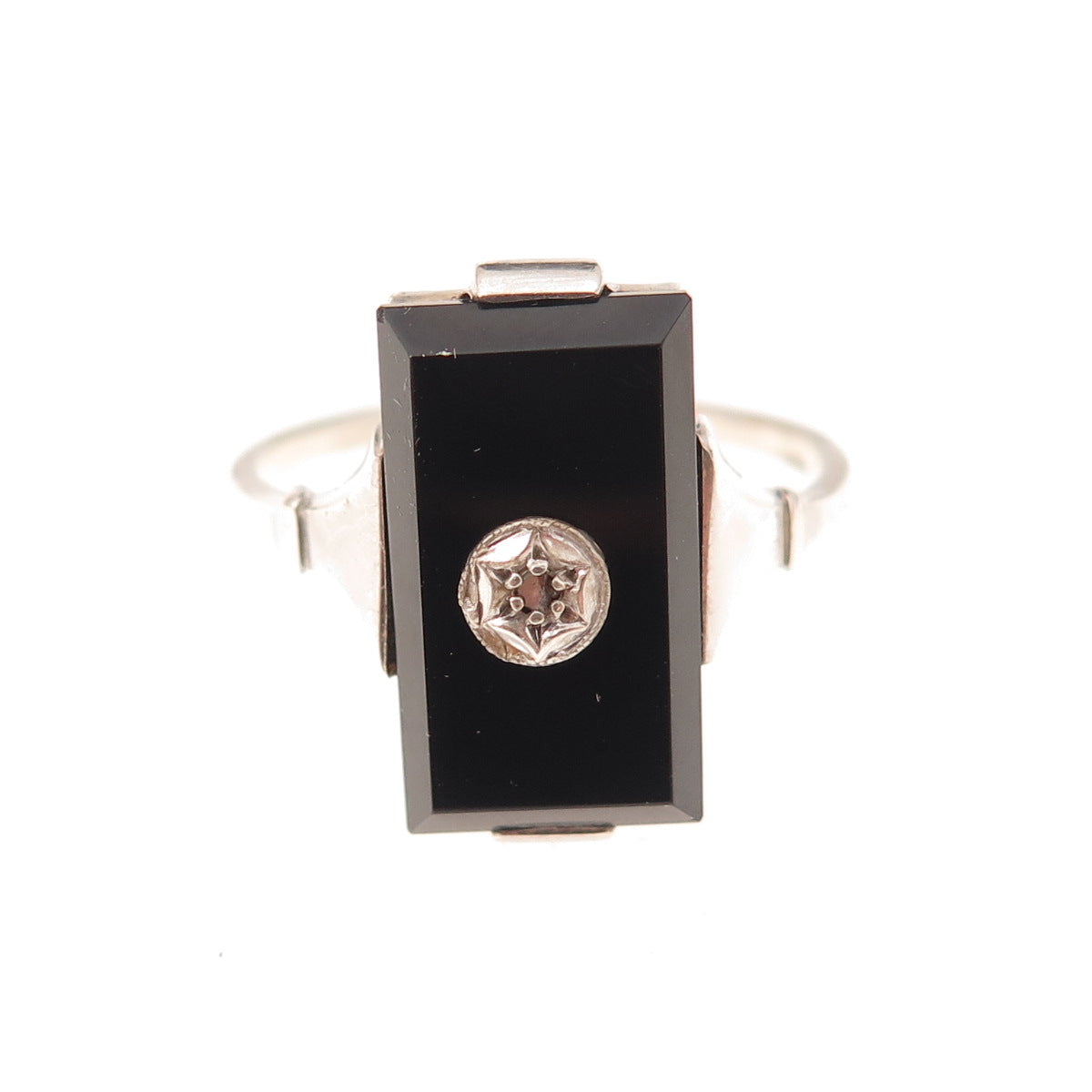 925 Sterling Antique Art Deco Real Diamond Accent & Black Onyx Ring Size 5.75