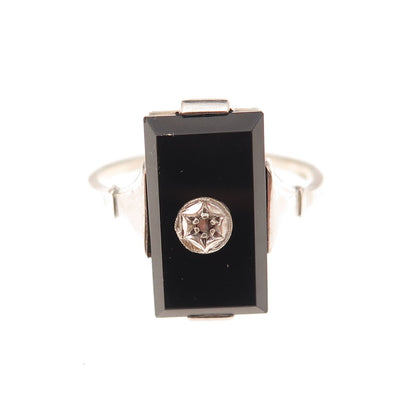 925 Sterling Antique Art Deco Real Diamond Accent & Black Onyx Ring Size 5.75