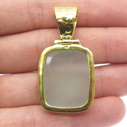 925 Sterling Silver Gold Plated Vintage Chalcedony Gem Hammered Finish Pendant