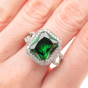 925 Sterling Silver Green & White C Z Bohemian Ring Size 8.5
