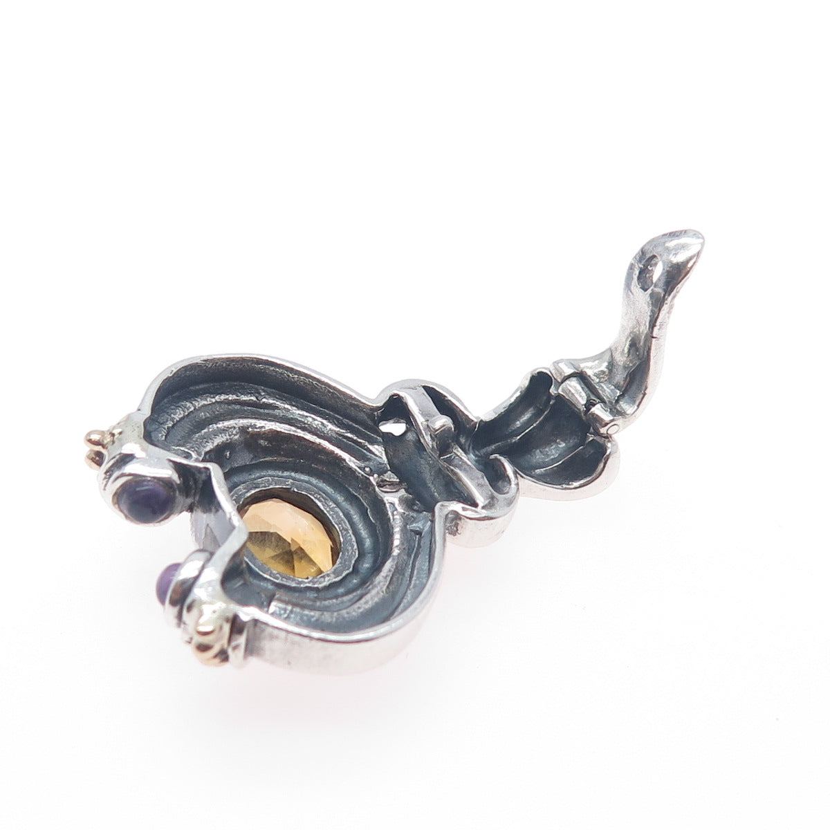 14K Gold 925 Sterling Silver Vintage Real Citrine & Amethyst Modernist Pendant