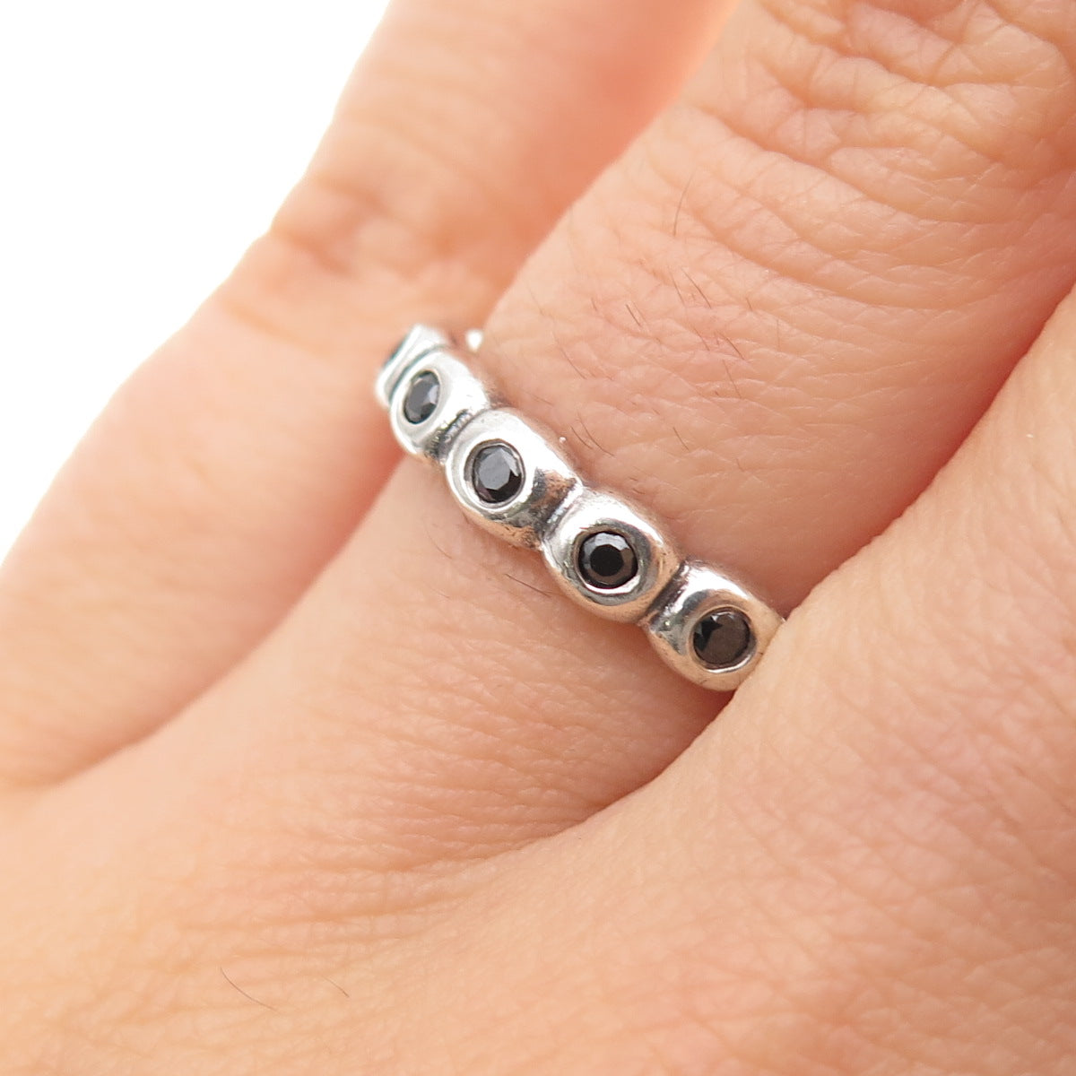 PANDORA 925 Sterling Silver Round-Cut Black C Z Bubble Band Ring Size 6.25