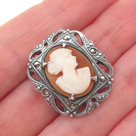 925 Sterling Silver Vintage Real MOP & Marcasite Lady Cameo Oxidized Pin Brooch