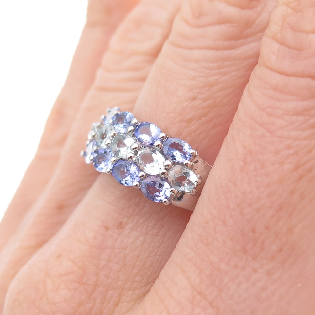 925 Sterling Silver Real Oval-Cut Tanzanite & Aquamarine Cluster Ring Size 8