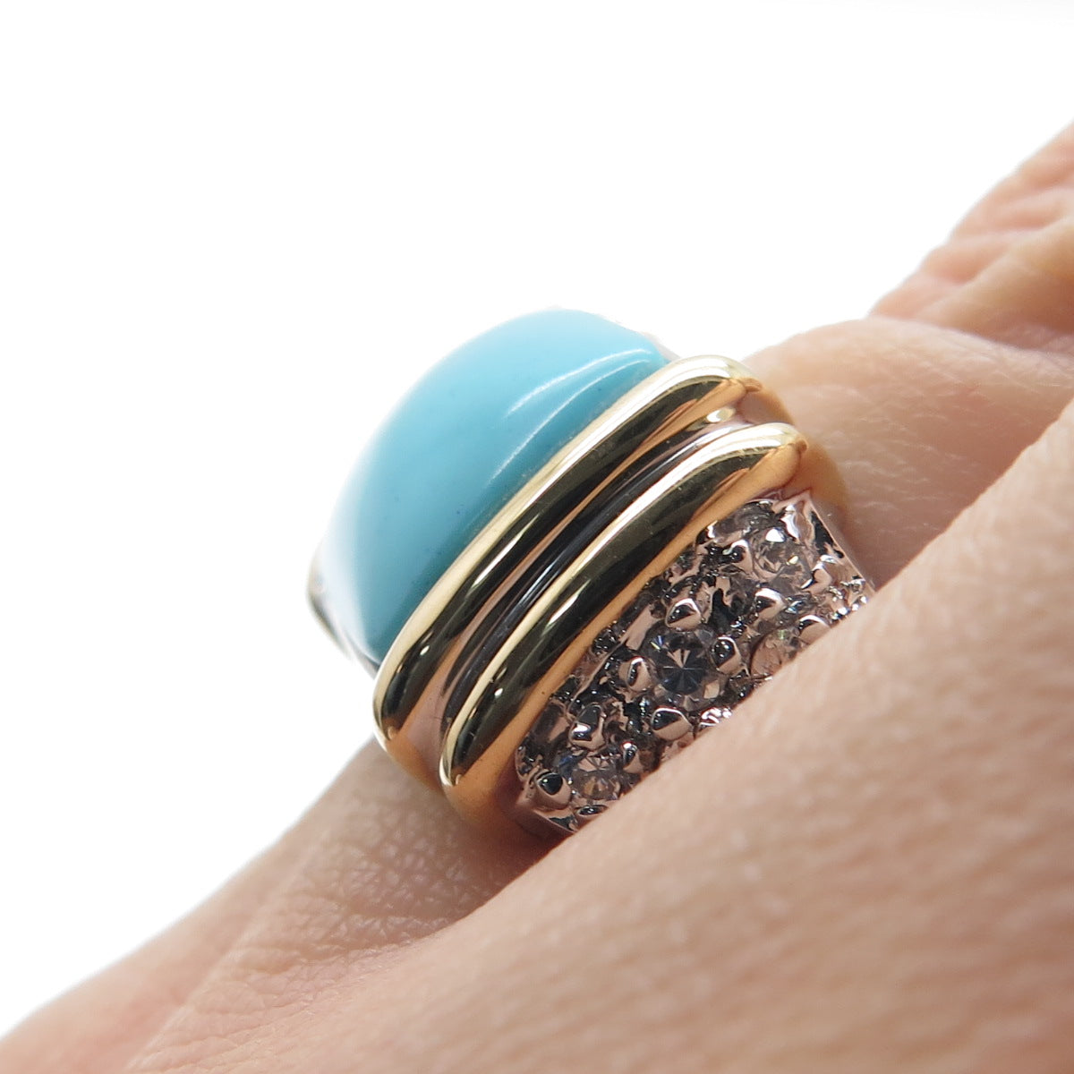 ROSS SIMONS 925 Sterling Silver 2-Tone Faux Turquoise & C Z Ring Size 6