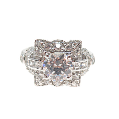 925 Sterling Silver Round & Princess-Cut C Z Sparkle Square Ring Size 9