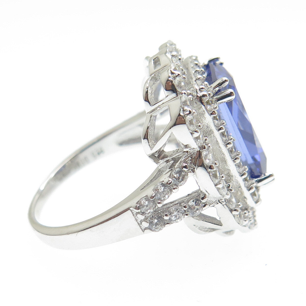 DSMK 925 Sterling Blue Radiant-Cut & White Round-Cut Shaped C Z Ring Size 7