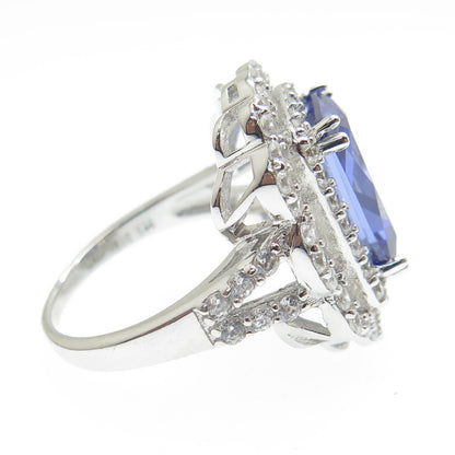 DSMK 925 Sterling Blue Radiant-Cut & White Round-Cut Shaped C Z Ring Size 7