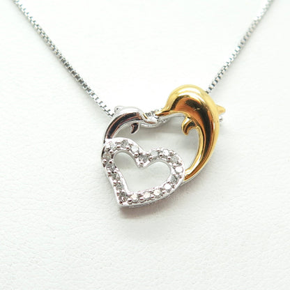 SUN 925 Sterling Silver 2-Tone Real Diamond Dolphin Heart Box Chain Necklace 18"