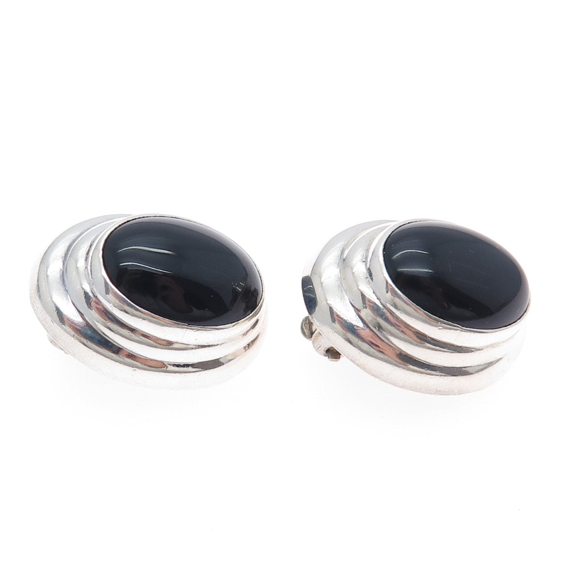 925 Sterling Silver Vintage Mexico Real Black Onyx Modernist Clip On Earrings