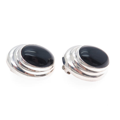 925 Sterling Silver Vintage Mexico Real Black Onyx Modernist Clip On Earrings