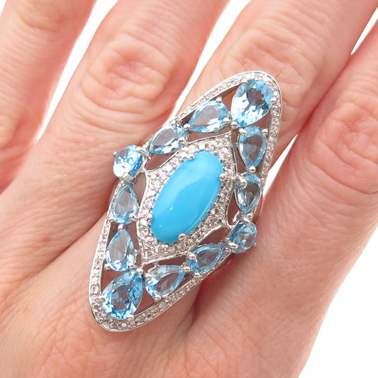 Chuck Clemency 925 Sterling Silver Real Turquoise White & Blue Topaz Ring Size 8