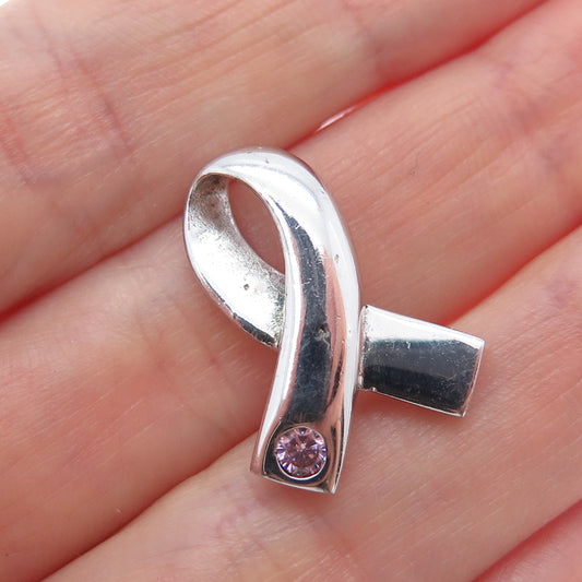 925 Sterling Vintage Pink C Z Breast Cancer Awareness Ribbon Mini Slide Pendant