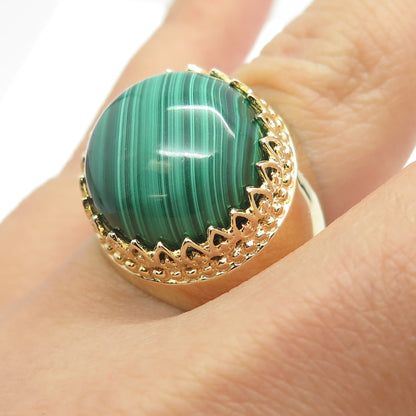 925 Sterling Silver Gold Plated Real Malachite Crown Ring Size 6.25