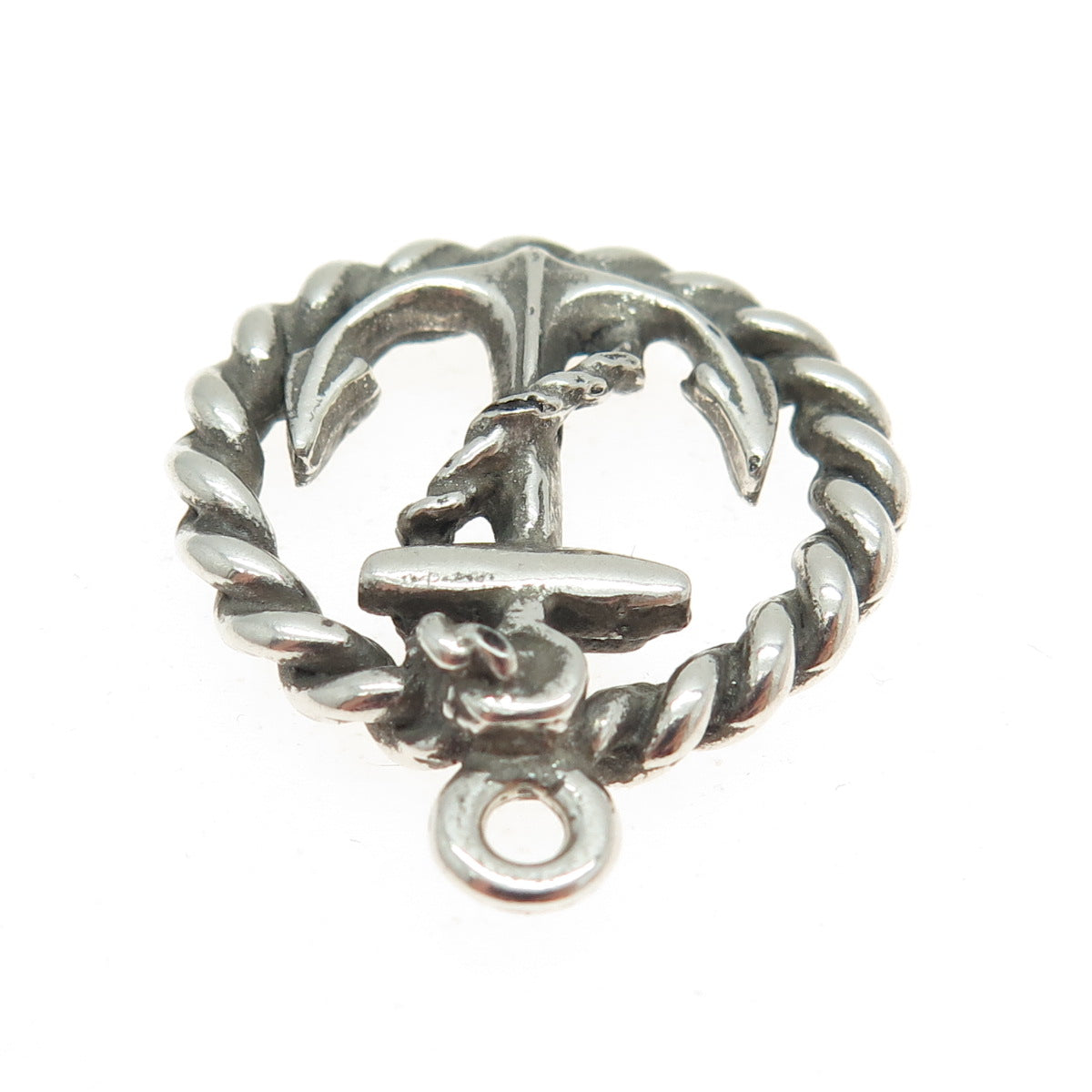 925 Sterling Silver Vintage Navy Anchor Roped Round Charm Pendant