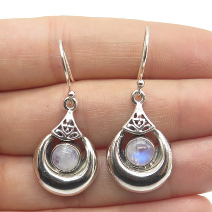 925 Sterling Silver Vintage Real Moonstone Crescent Teardrop Dangle Earrings