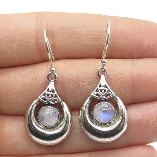 925 Sterling Silver Vintage Real Moonstone Crescent Teardrop Dangle Earrings