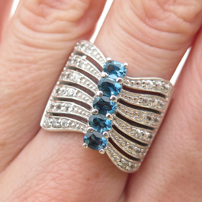 925 Sterling Silver Real London Blue & White Topaz Multi-Row Ring Size 7.5