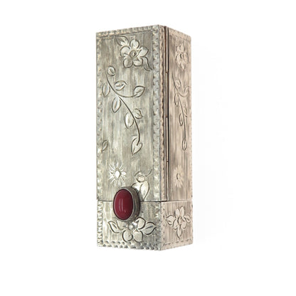800 Silver Antique Art Deco Italy Real Coral Engraved Tube Slide Lipstick Case