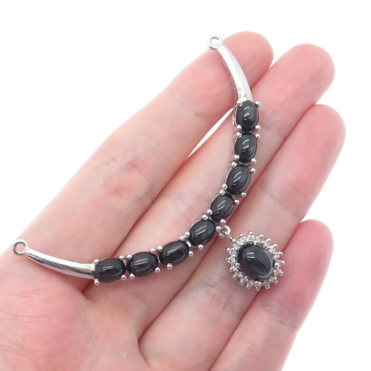 925 Sterling Silver Vintage Real Black Tiger Eye White Topaz Centerpiece Pendant