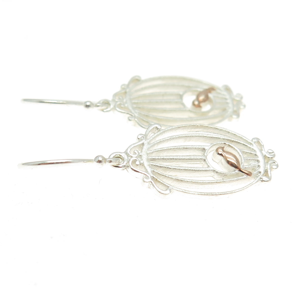 925 Sterling Silver 2-Tone Bird Cage Dangling Earrings