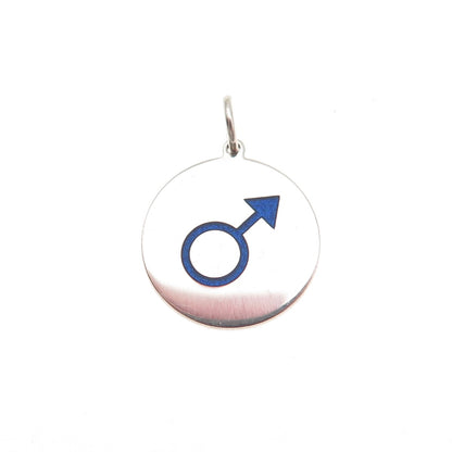 925 Sterling Silver Blue Enamel Male Symbol Round Tag Mini Charm Pendant