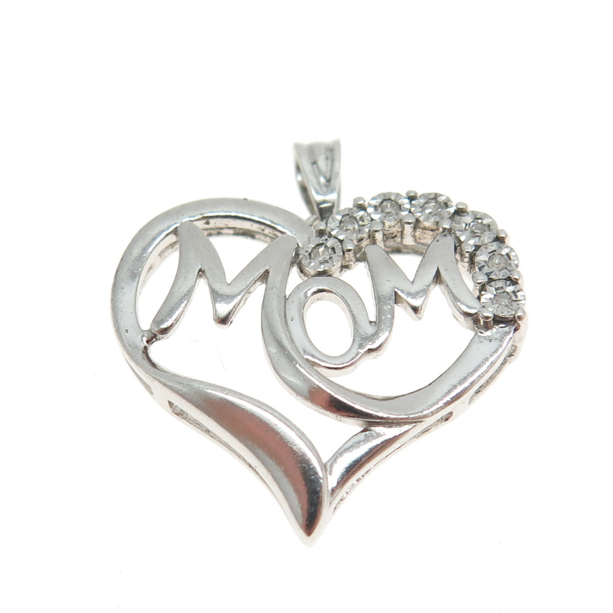 REGINA LANE 925 Sterling Silver Real Round-Cut Diamond "Mom" Heart Pendant