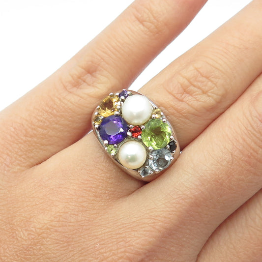 925 Sterling Silver Pearl Amethyst Topaz Citrine Peridot & Garnet Ring Size 7.25