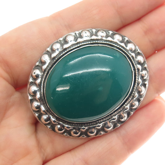 800 Silver Antique Art Deco European Real Green Onyx Beaded Oxidized Pin Brooch