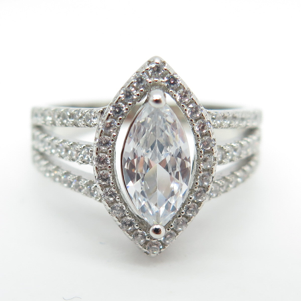 925 Sterling Silver Round & Marquise-Cut C Z Engagement Ring Size 7.5